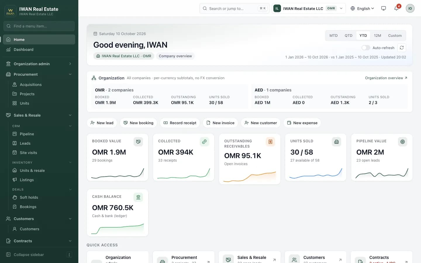 FAPT ERP home dashboard